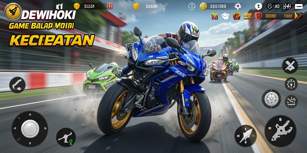 Tampilan gameplay seru DEWIHOKI dengan berbagai motor balap.