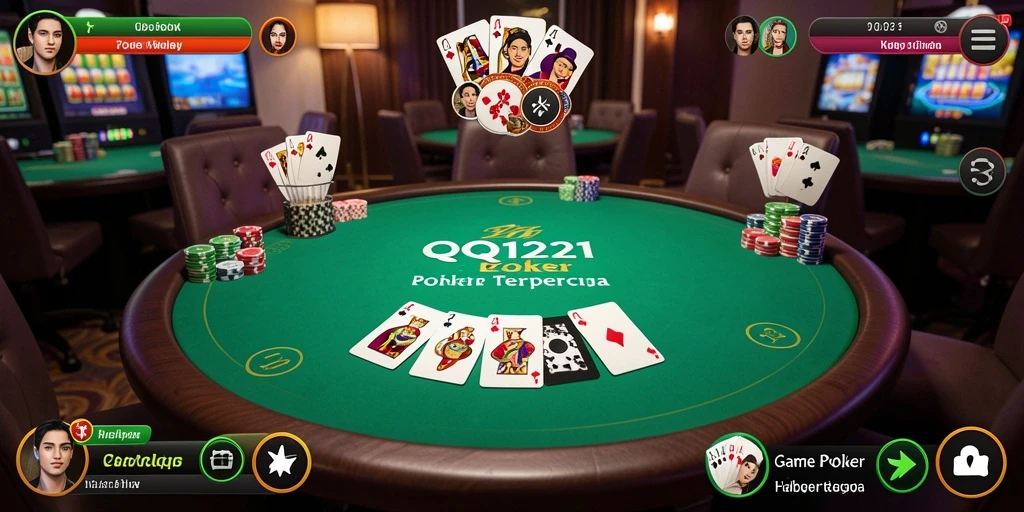 Screenshot gameplay QQ1221 dengan suasana meja poker yang mendebarkan.