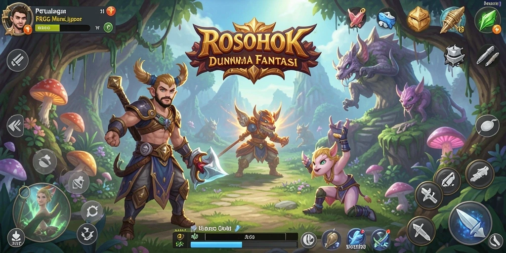 Screenshot utama ROSOHOKI menampilkan aksi pertempuran epik RPG.