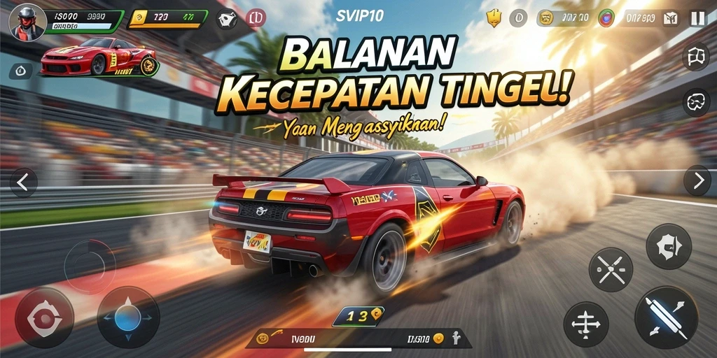 Screenshot gameplay SVIP10 yang menunjukkan mobil balap melaju kencang di lintasan.