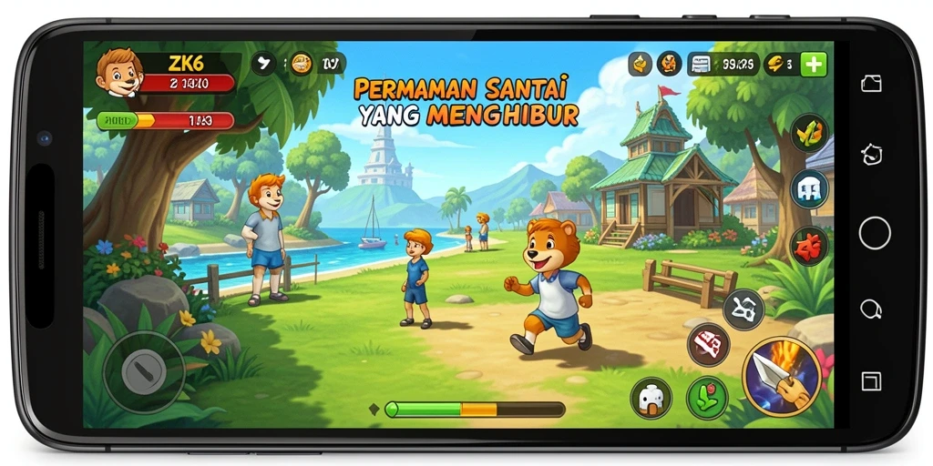 Tampilan gameplay ZK6 yang ceria dan interaktif.